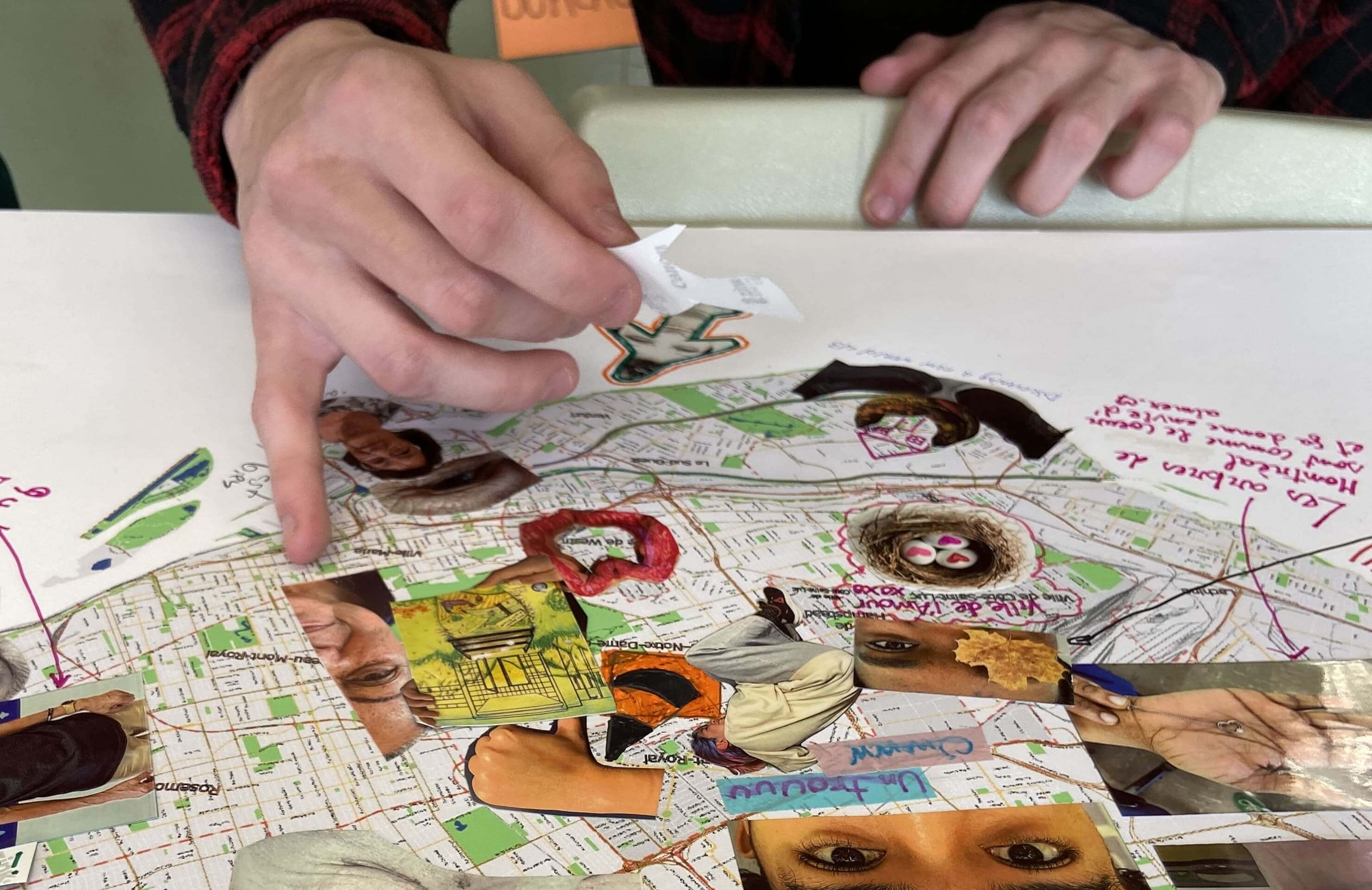 Map of Montreal decorated with cut-out photos and messages