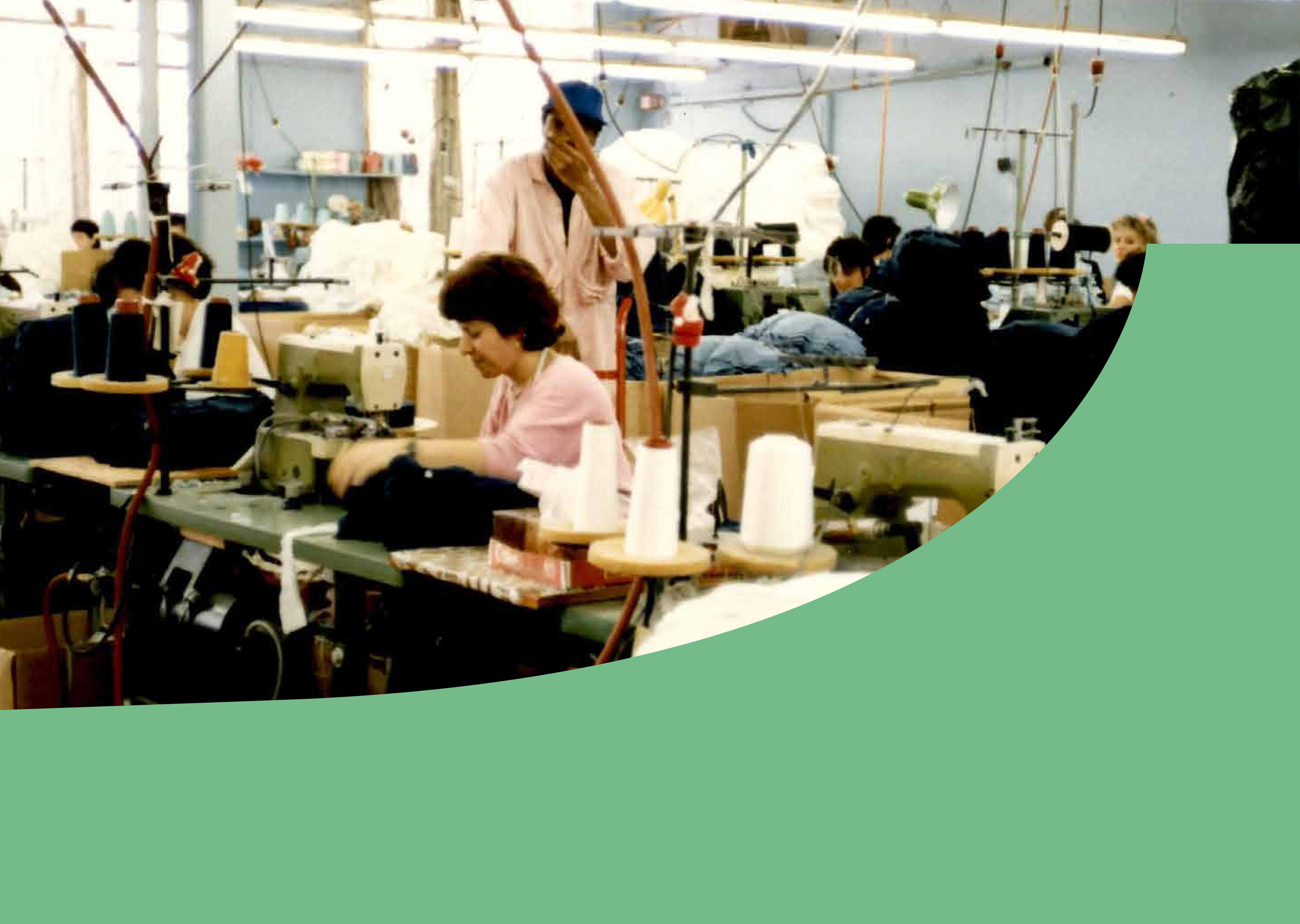 Italian seamstresses sewing in a workshop, with a green flat shape in the foreground.
