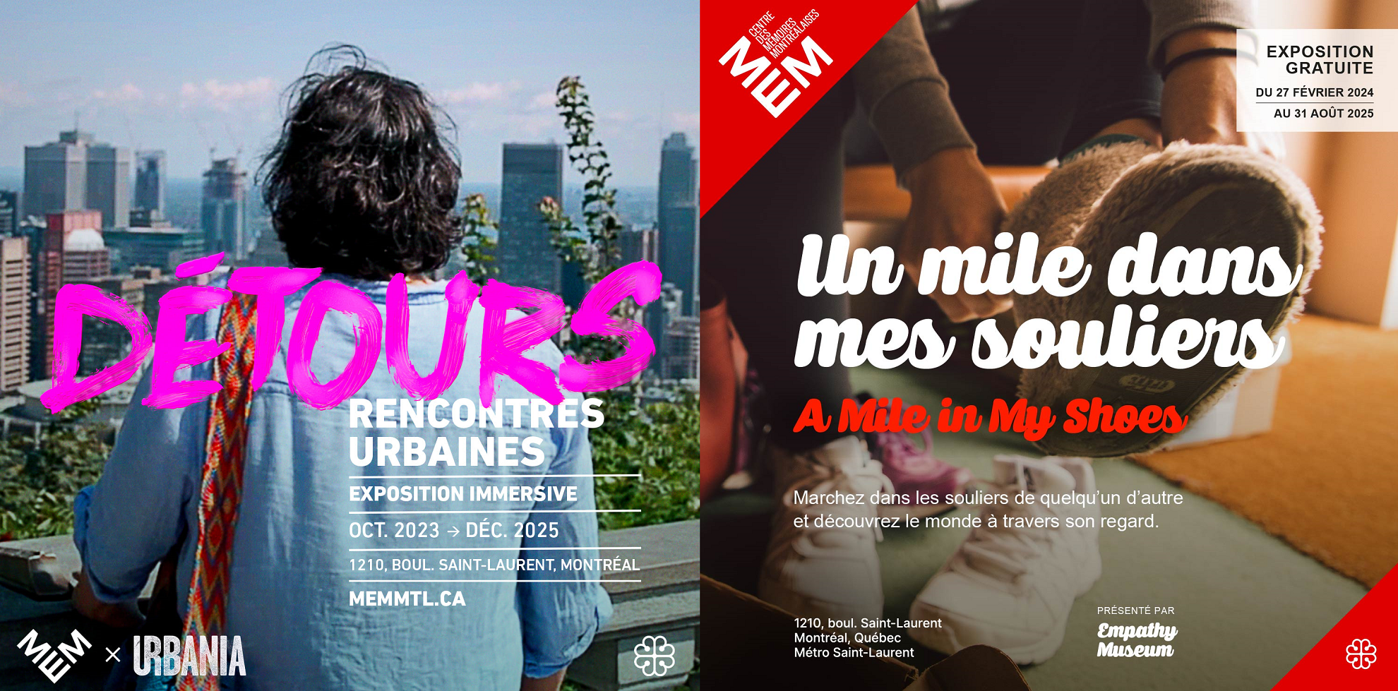 A visual of the two posters forour two temporary exhibitions: Detours – Urban Experiences and A Mile in My Shoes.