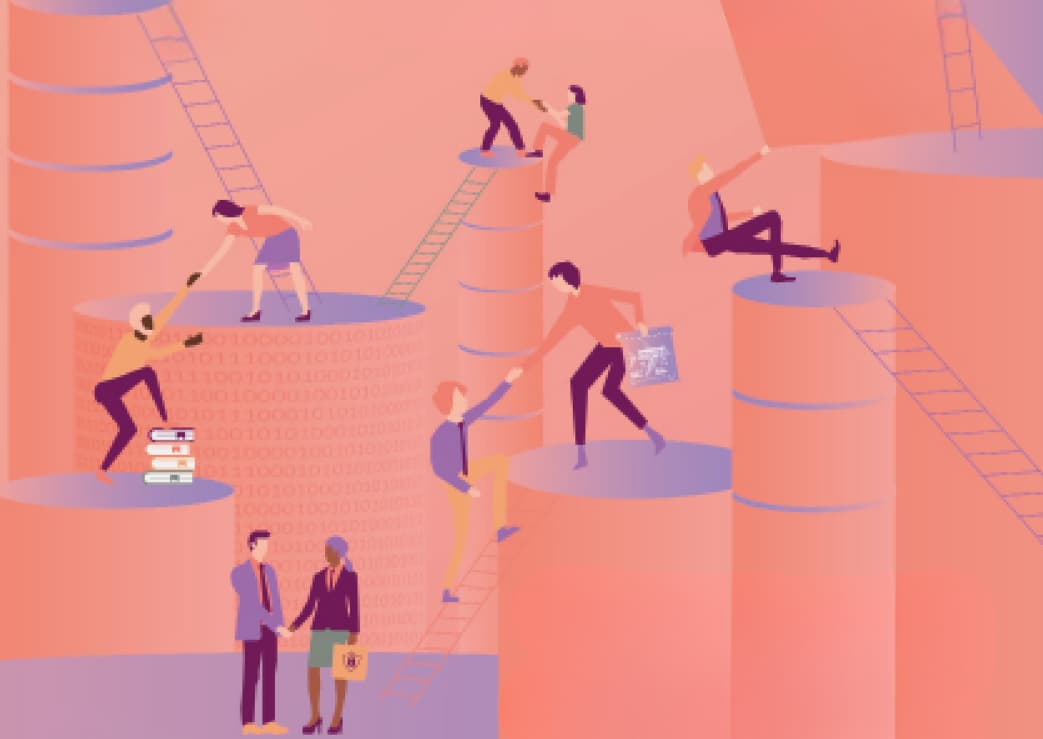 Illustration showing silhouettes climbing stairs and ladders.