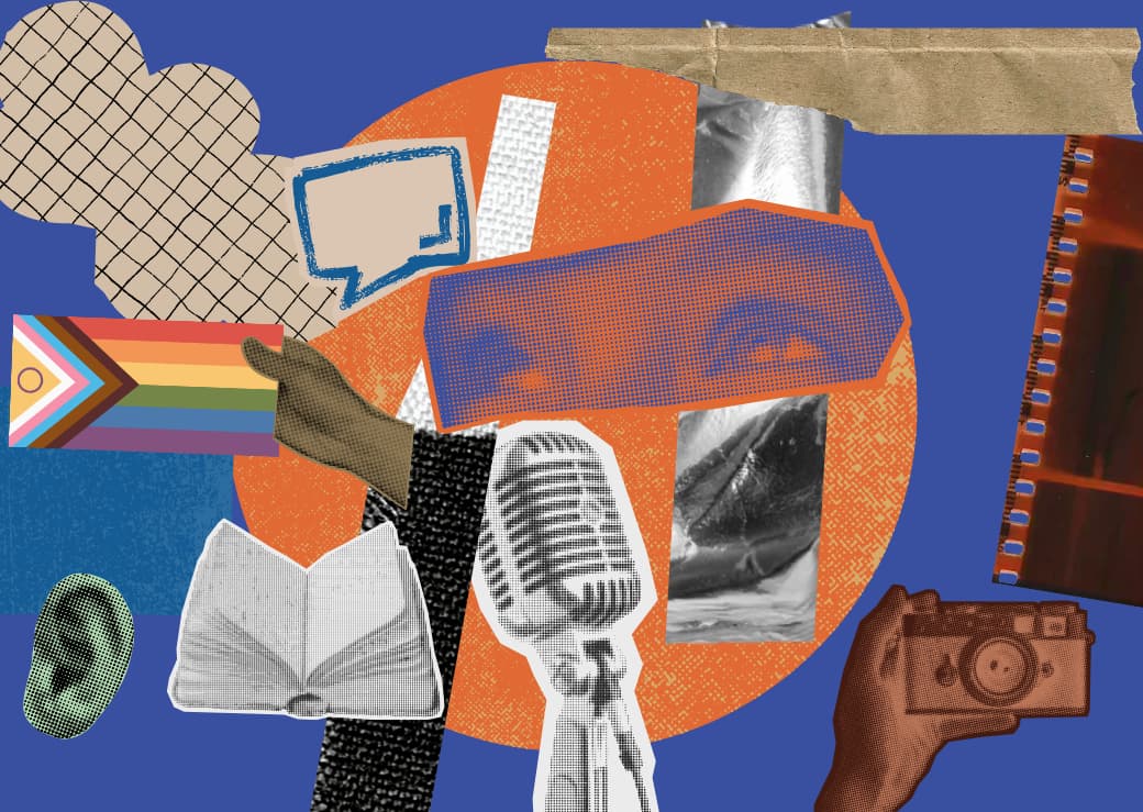 A collage of images depicting, among other things, a microphone, an LGBTQI+ flag, a book, an ear, and a camera on a blue background.