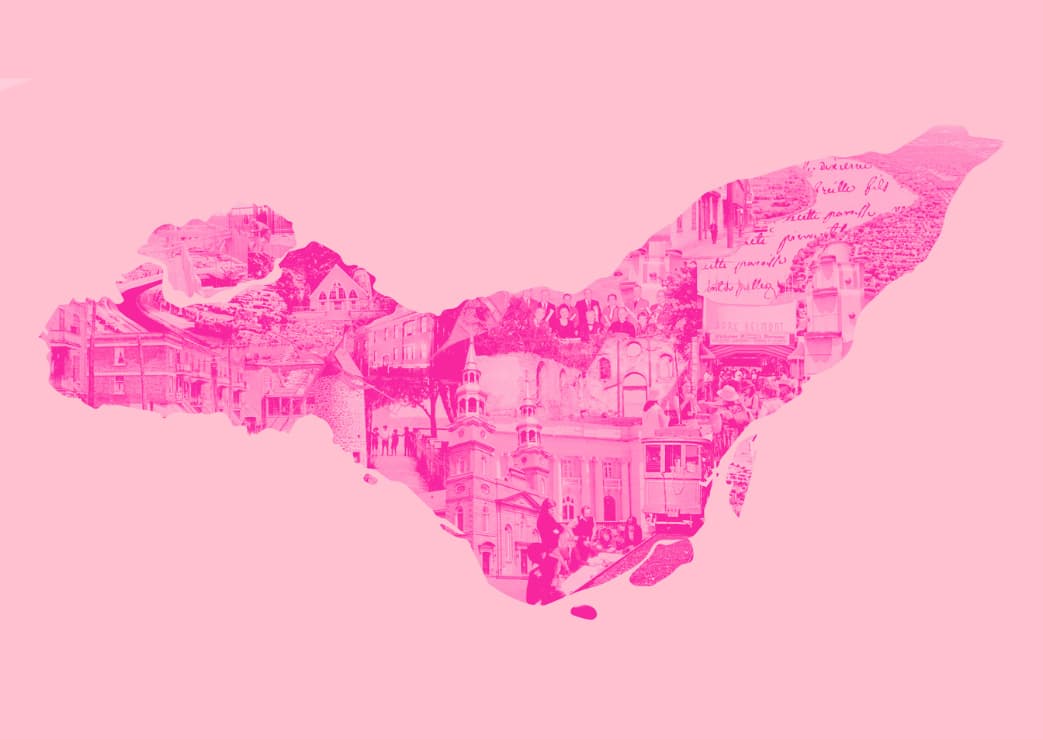 Photomontage of archival images and current photos of Montreal buildings and activities