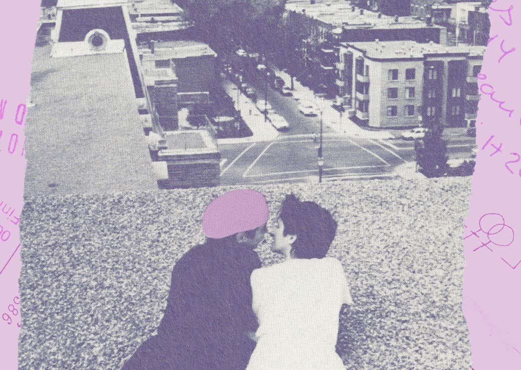 Exhibition image with a colorized archival photograph of two lesbian women in a Montreal park.