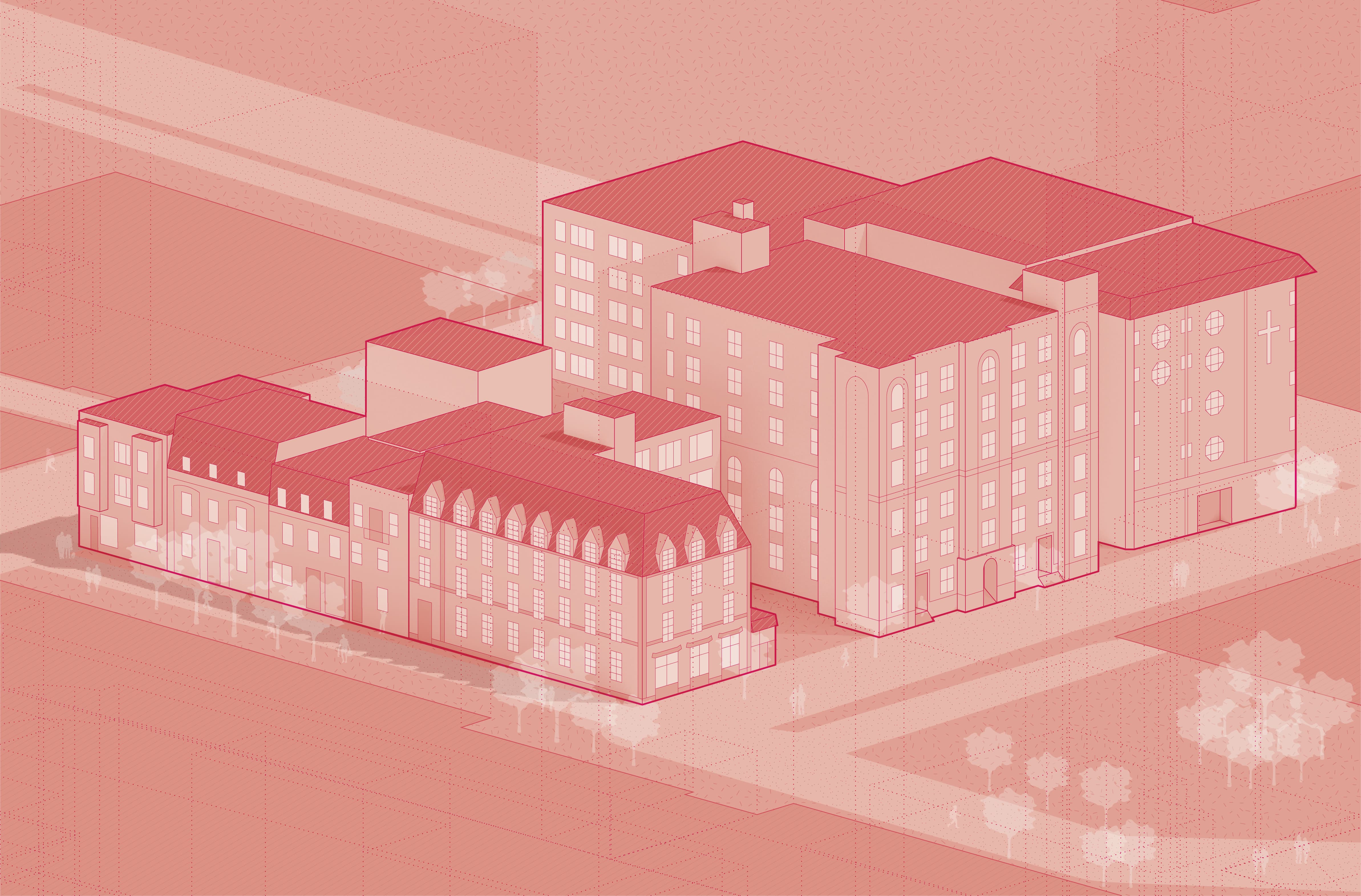 Illustration showing a group of buildings clustered on an urban block.