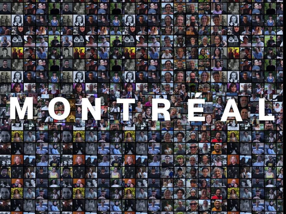 Photomontage bringing together hundreds of portraits of Montrealers, with the word “Montréal” written in white in the foreground.