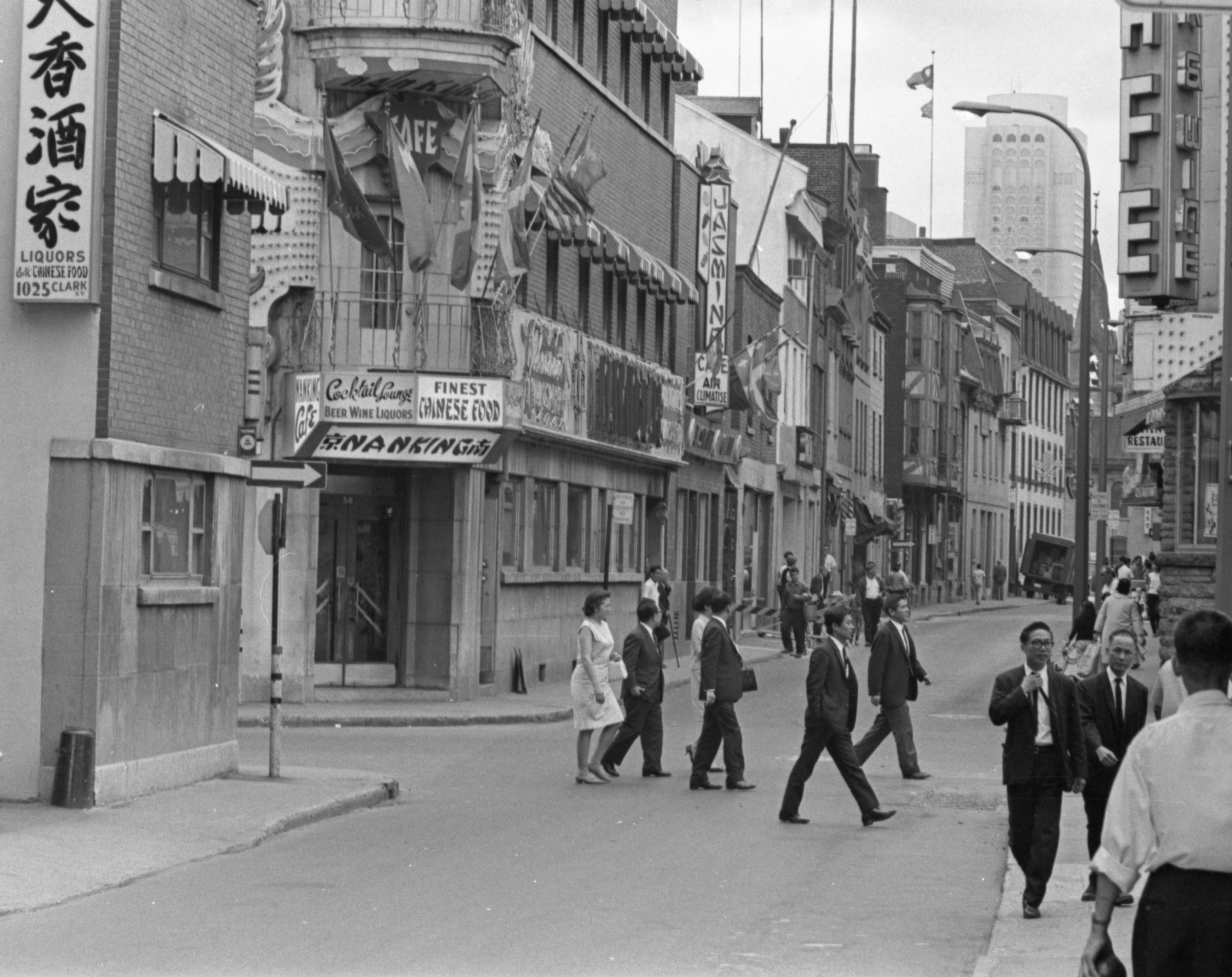 Black and white photo of a street in Montreal's Chinatown