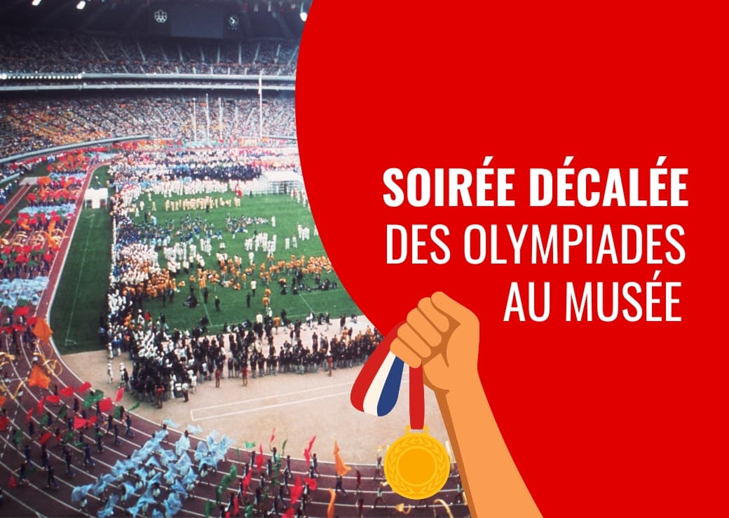 Archival image showing the interior of the Olympic Stadium in the background, with a hand holding a medal in the foreground.