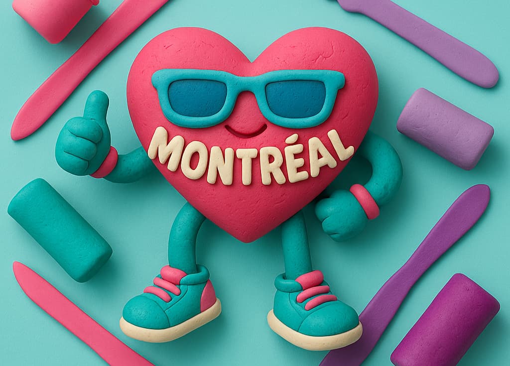 Cœur rose avec lunettes turquoise, bras et jambes en pâte à modeler, inscription “Montréal”, fond coloré avec outils.