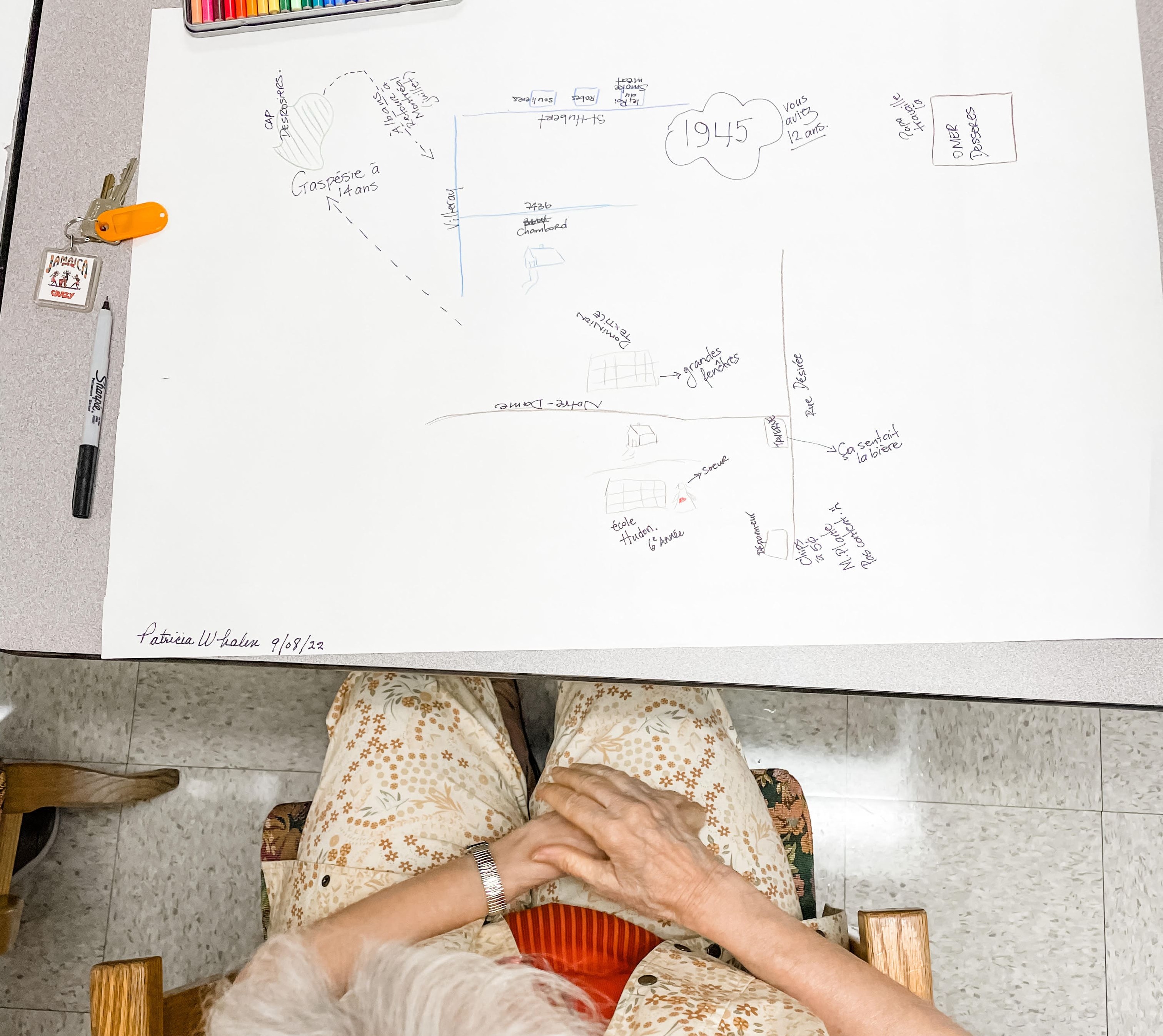 Femme âgée assise devant un carton comportant des repères descriptifs et temporels de sa vie.