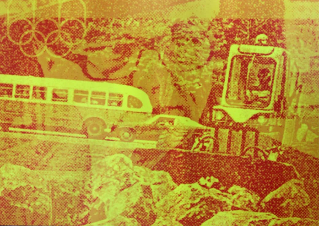 Image dans les teintes de jaune et orange montrant la rue Sherbrooke, le visage de Jean Drapeau et les anneaux olympiques.