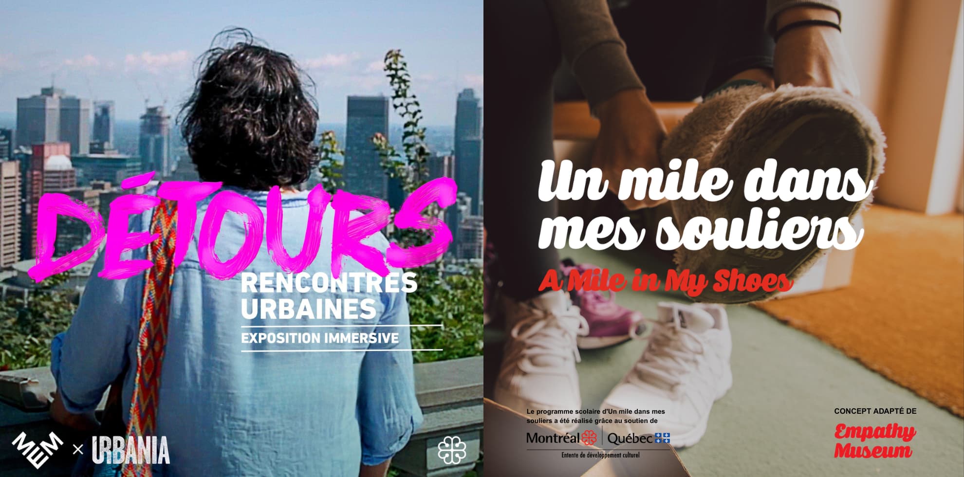 Un visuel des deux affiches des expositions Détours - Rencontres urbaines et Un mile dans mes souliers