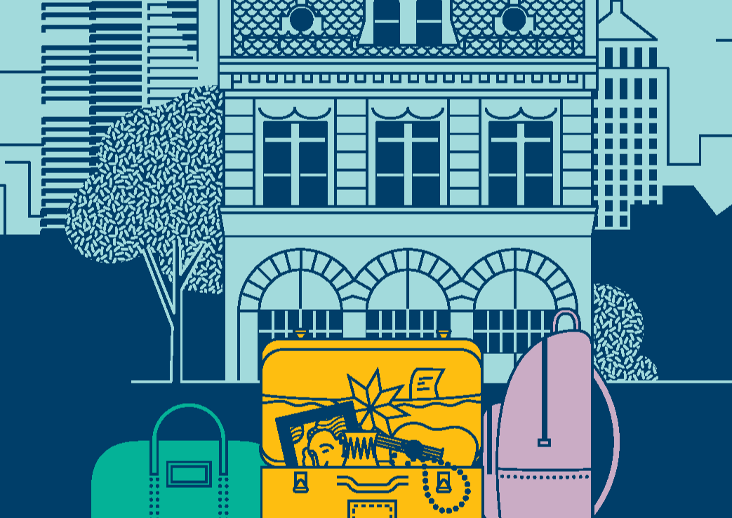 Illustration montrant des bâtiments et des valises