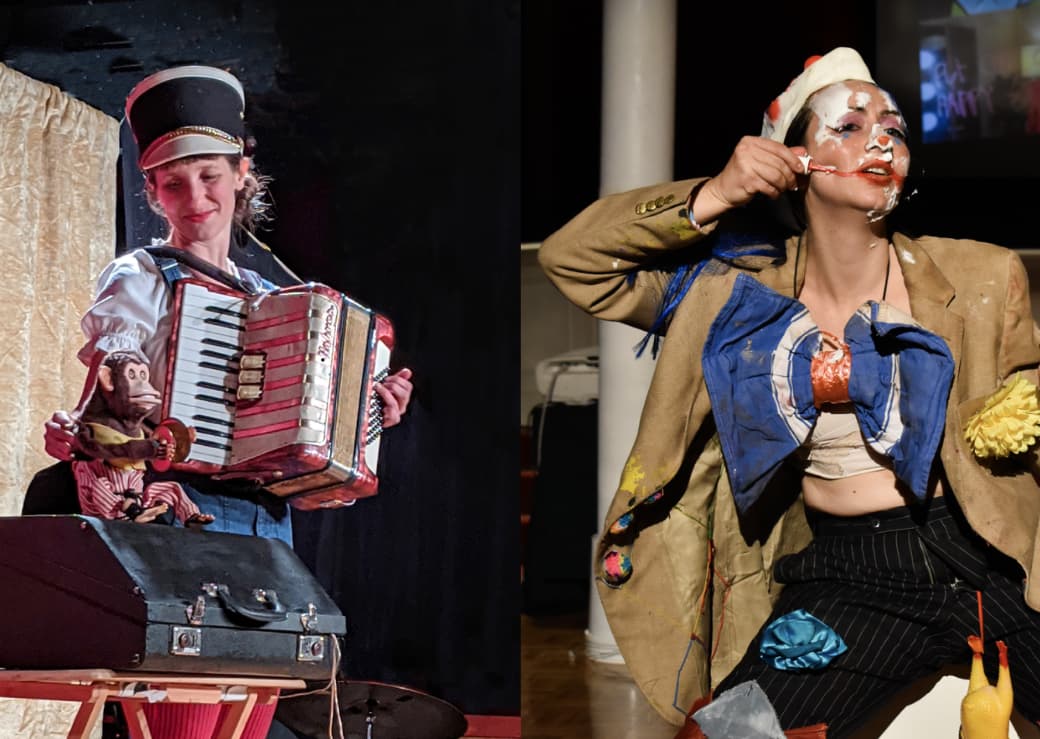 Un collage de deux images présentant deux jeunes femmes en costumes clownesques lors de spectacles