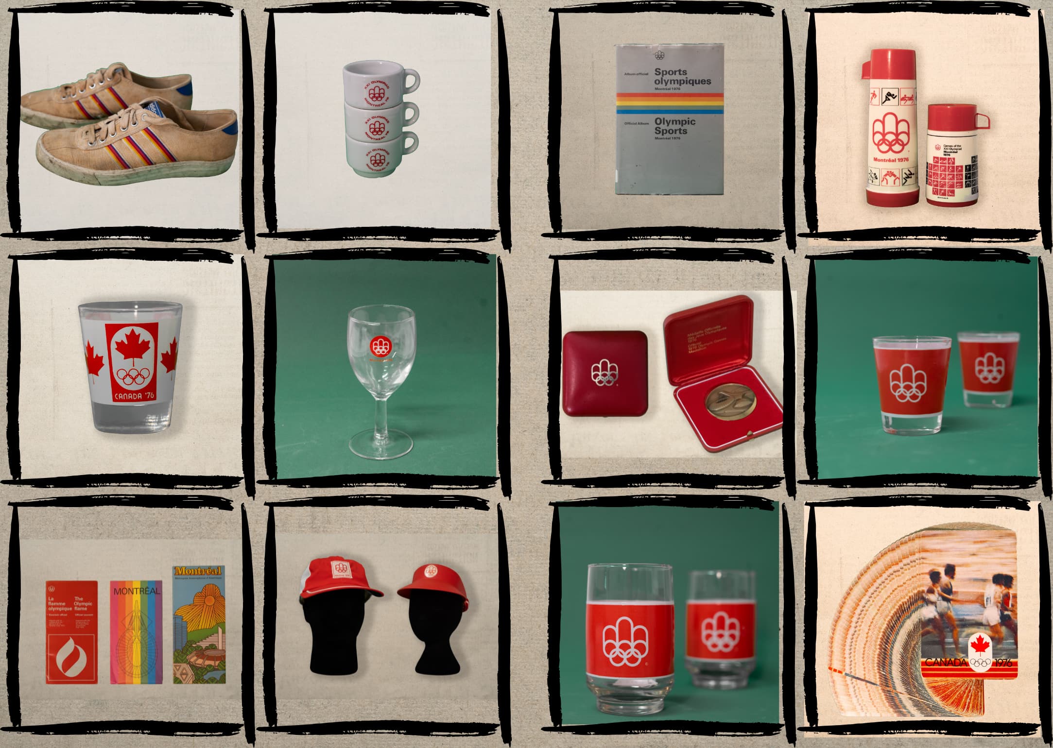 Montage montrant une douzaine d'objet issus de la collection d'objet thématique Jeux olympiques du MEM.