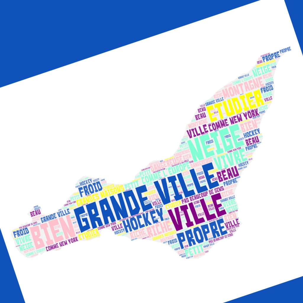 Graphic composition of several words forming the outline of the island of Montreal.