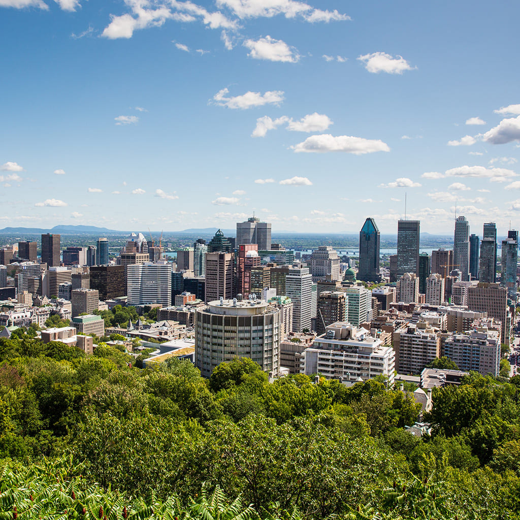 Vue sur le centre-ville de Montréal depuis le belvédère du mont Royal.