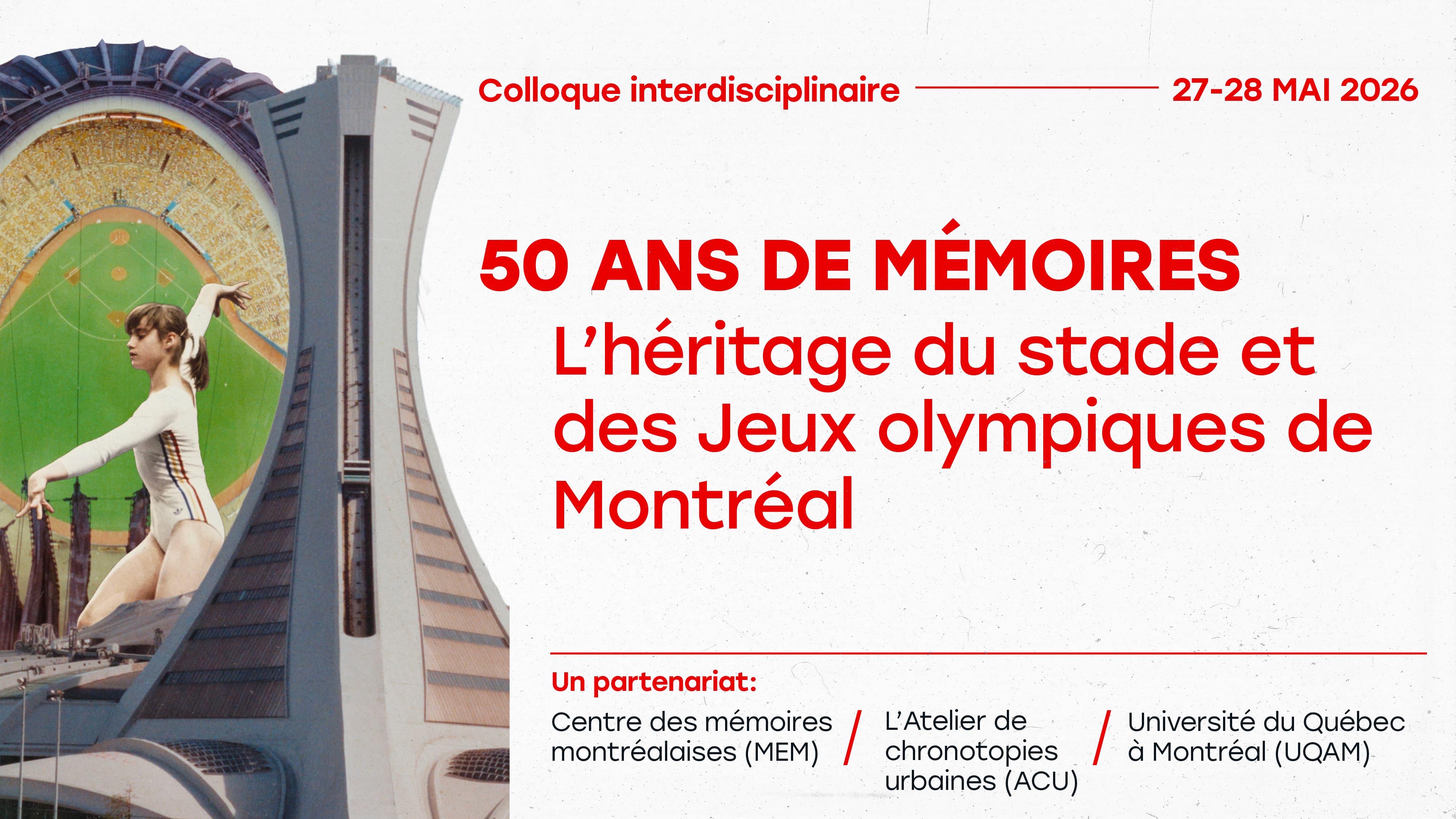 Image avec textes en rouge et noir avec des photographies montrant le stade olympique et Nadia Comaneci.