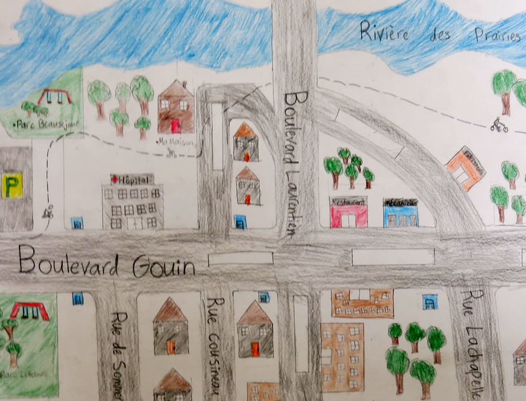 Plan d’un quartier dessiné à la main par un enfant.
