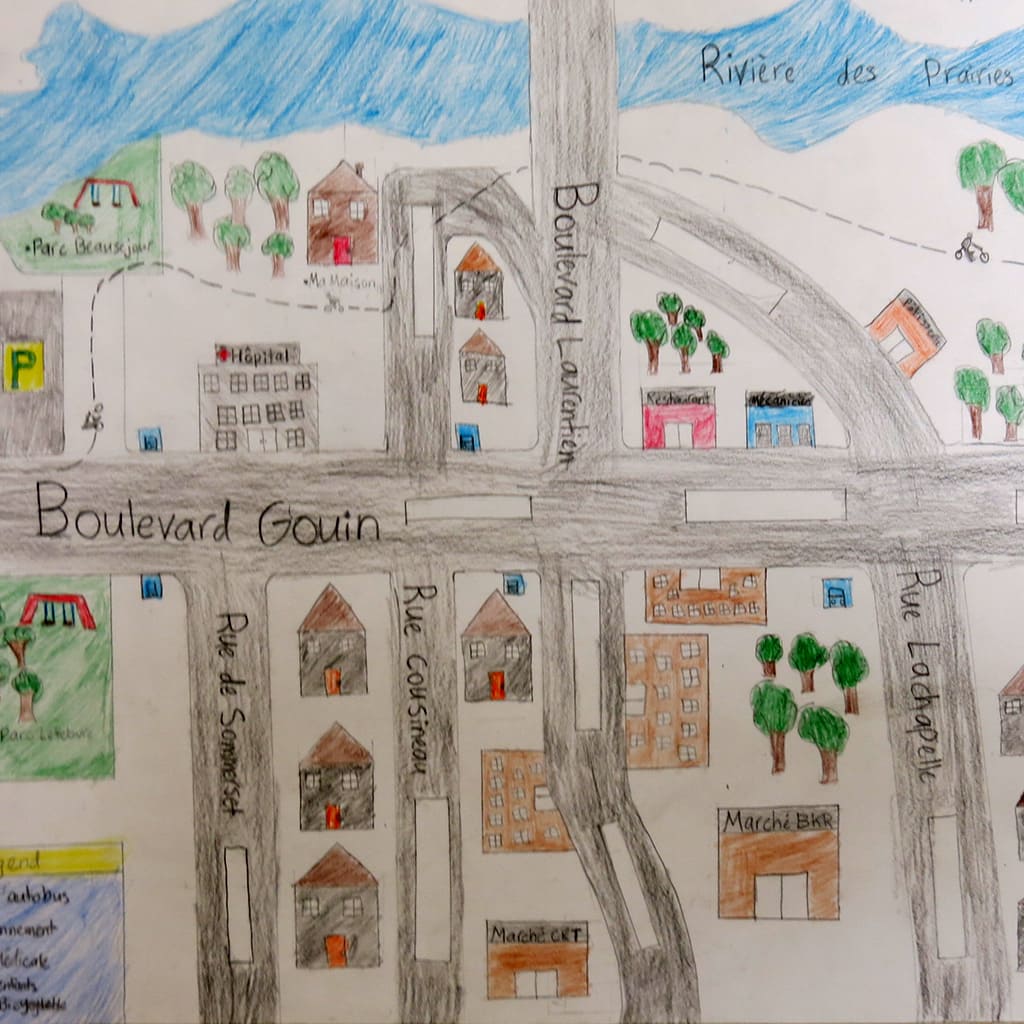 Plan d’un quartier dessiné à la main par un enfant.
